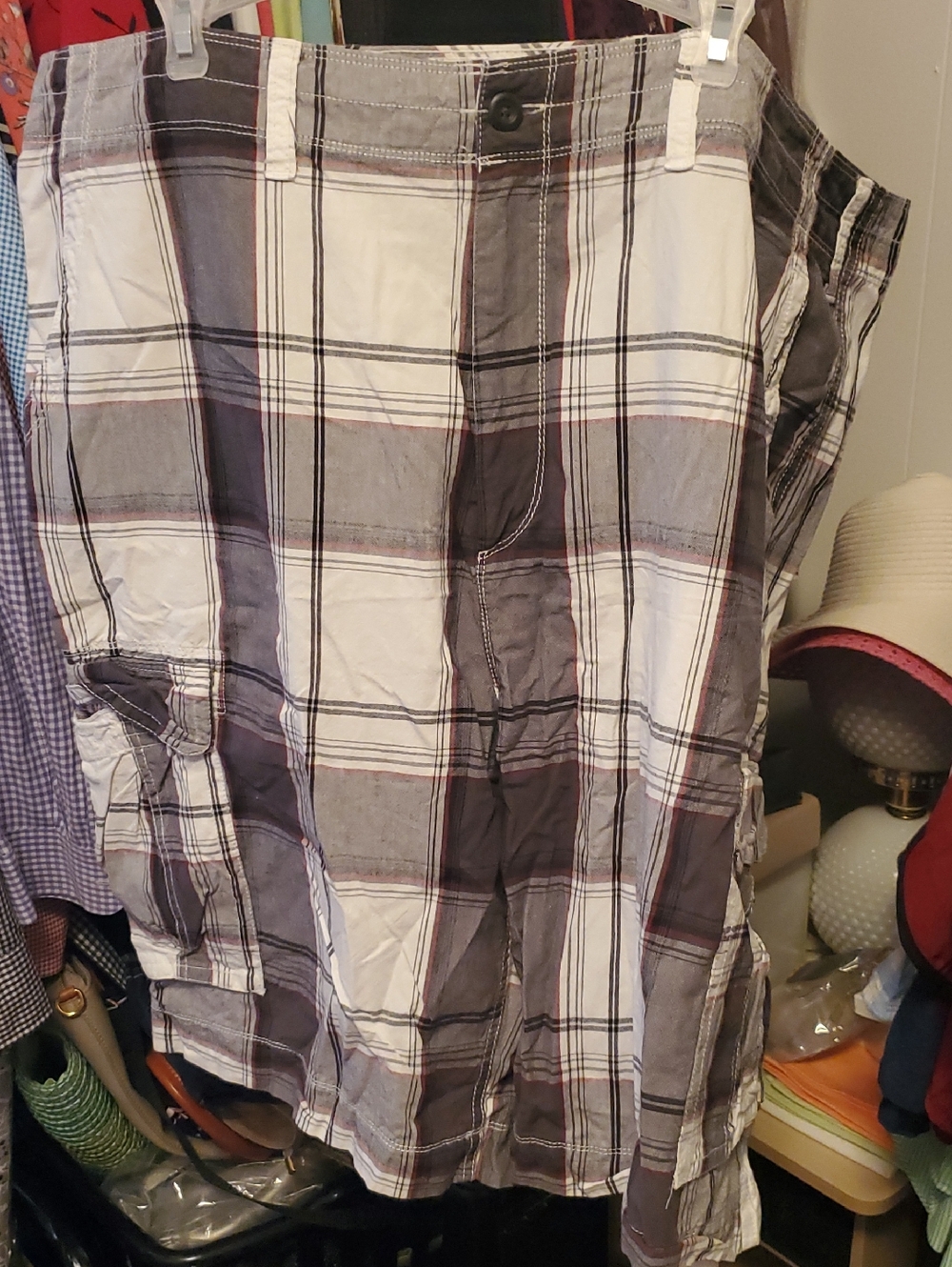 Men's Plaid Cargo Shorts in White and Gray